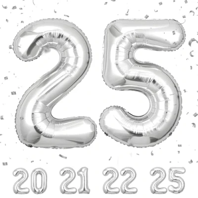 Immagine di Palloncini Compleanno 25 anni Argento 101 CM Palloncino Numero Gonfiabile in Foil Decorazioni di un uomo donna Vola con l&#039;Elio