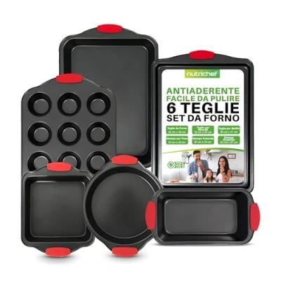 Immagine di NutriChef Set 6 Teglie da Forno Antiaderente, Acciaio con Maniglie Rosse in Silicone, Adatto Fino a 230C, Include Pane, Muffin, Biscotti