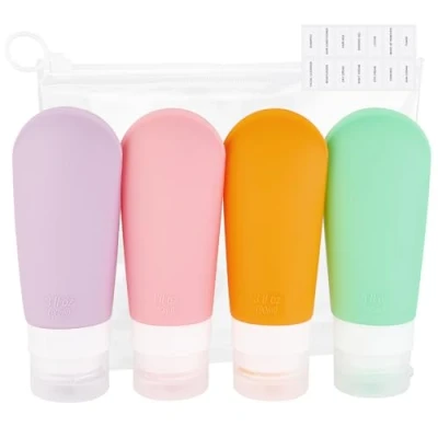 Immagine di AiQInu Bottiglie da Viaggio in Silicone 90ml, 4 Pezzi Kit Contenitori Flaconi Riutilizzabili con Custodia per Shampoo, Balsamo, Crema, Lozione, Nessun BPA