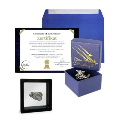 Immagine di Makai Vero meteorite da Campo del Cielo, stella cadente in ferro 15 grammi con cornice, certificato di autenticità e scatola adatta per regalo o esposizione
