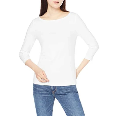 Immagine di Amazon Essentials T Shirt con Scollo a Barchetta in Tinta Unita Manica 3/4 e vestibilità Aderente Donna, Bianco, XL