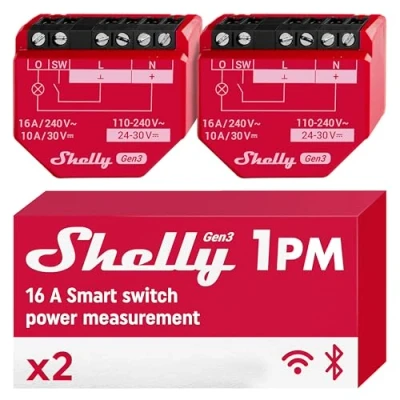 Immagine di Shelly 1PM Gen3 x2 Pack WLAN Relay Switch with Current Measurement 16A Light Control Alexa Google Home Compatible iOS Android App No Hub Required