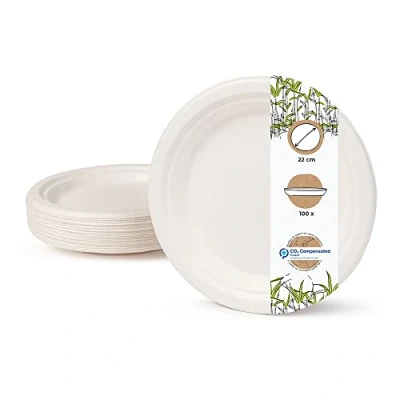 Immagine di BIOZOYG Set da Tavola ecologiche bagassa usa e getta I 100 pezzi Piatto di canna zucchero bianco sbiancato rotonda 22 cm monouso