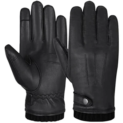 Immagine di Hand Fellow Guanti di cuoio genuino Mens foderato in pile Touch Screen guida invernali termici, A coste nere., M