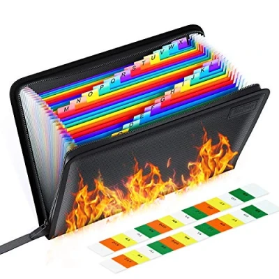 Immagine di 24 Tasche Borsa Resistente al Fuoco,BluePower Impermeabile con Cerniera Fuoco/Cartella Portadocumenti/Separatori Raccoglitore,A4 Cartelle Porta Document/Archivio Scatole Cartelline
