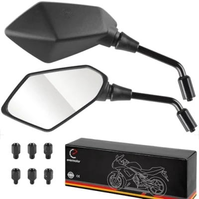 Immagine di Evermotor Universal Moto Specchietto Retrovisore, E11 Omologati Specchietti 2x filettatura destrorsa M10, M8 + 1x sinistra M8, Nero