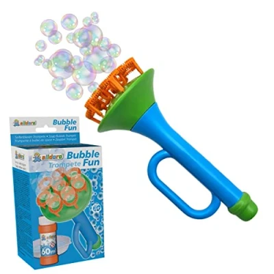 Immagine di alldoro 60623 trombetta divertente con liquido per bolle da 60 ml e ciotola, macchina di sapone multipla, circa 15,2 x 6,5 cm, bambini a partire 3 anni, blu/verde