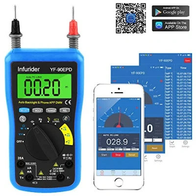 Immagine di Multimetro Digitale Bluetooth, INFURIDER YF 90EPD Ohm Meter 4000 Conti Autorange Tester per AC DC Volt, Amp, Ohm, Cap, Temp, Battery Test con Display LCD