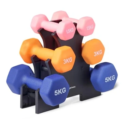 Immagine di Amazon Basics manubri neoprene set con supporto, confezione da 3 (1.5 kg, 5 kg), Multicolore