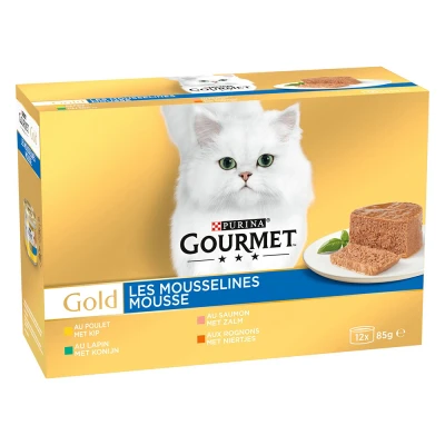 Immagine di Gourmet Gold I mousselines pasto per gatto adulto gusto a scelta: pollo, rognone, salmone, coniglio, pacco da 12 x 85g