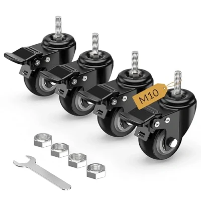 Immagine di HOLKIE ruote girevoli da 50mm con stelo bloccaggio totale, M10 x 1,5 25mm (diametro dello 10mm, lunghezza 25mm) gambo filettato, set di 4 resistenti nero