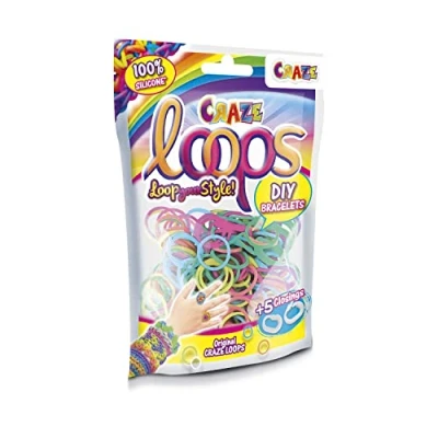 Immagine di Craze 55064 Loops Bag Foil Bag, cinturini da annodare ad anelli, in silicone, Mega US Trend 50645, anelli annodare, 100 pezzi, colori assortiti (super colori)