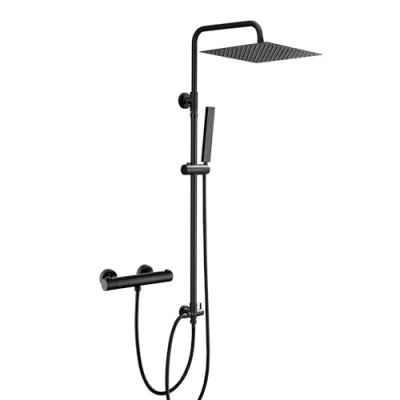 Immagine di Görbach Colonna doccia con Miscelatore Termostatico Nero Opaco in Acciaio Inox 304 Fori Muro Regolabili Rubinetto Set a Pioggia Soffione e Doccetta (U 30x30cm)