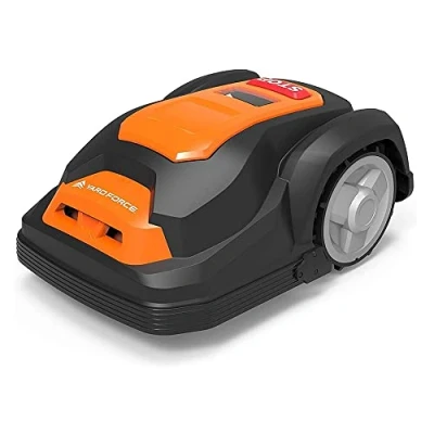 Immagine di Yard Force Rasaerba robotizzato SA900ECO, adatto per prati fino a 900 mq, funzione tagliabordi, sensore pioggia e motore brushless, 28 V, nero/arancione