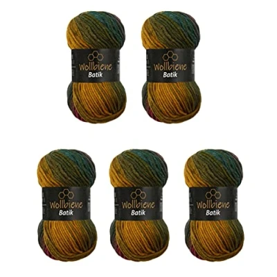 Immagine di 5 gomitoli di lana Batik da 100 g, 500 con gradiente, multicolore (5800 rosso, verde ocra)