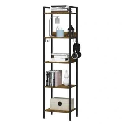Immagine di WOLTU Libreria a 5 Ripiani, Scaffale con 4 Ganci Industriale, Scala in MDF e Metallo per Soggiorno, Cucina, Studio, Ufficio,Nero,40x30x152,5cm RGB932hov