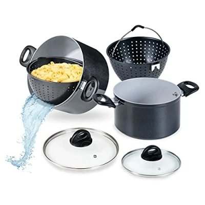 Immagine di Genius Cerafit Magic Pot Set di pentole da 6 pezzi, 20 cm + 24 cm, pentola 3,7 l 6,3 l, con filtro e coperchio in vetro, per una facile cottura, scolare servire, pasta tutti i
