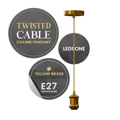 Immagine di LEDSone lampada a sospensione vintage in metallo ottone giallo, cavo flessibile intrecciato dorato da 1 m, kit di montaggio per con portalampada E27