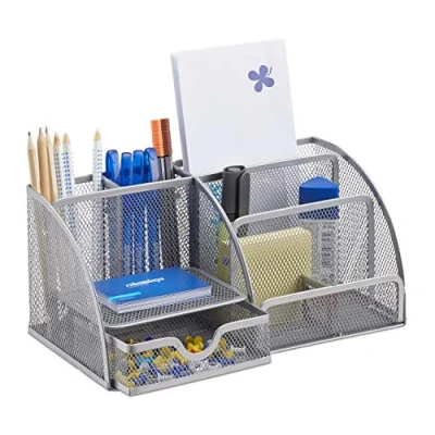Immagine di Relaxdays Organizer Scrivania Ufficio 6 Scomparti, Metallo, Cassetto, Porta Foglietti, Portapenne, Argento