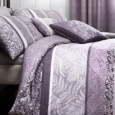 Immagine di Dreams &#039;n&#039; Drapes Set Copripiumino Reversibile Singolo Hanworth, Motivo con Foglie Disegnate in Grigio, a Righe, Colore: Carbone, Heather, Matrimoniale