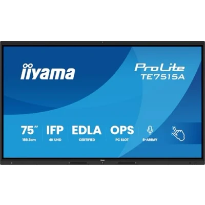 Immagine di iiyama ProLite TE7515A B1AG Display interattivo IPS, 189,3 cm, 75&quot;, 4K UHD 40 punti touch DeepContrast IR+ HDMI DP USB C USB3.2 RS 232c RJ45 OPS WiFi Android 14 OS Google EDLA iiControl AntiGlare