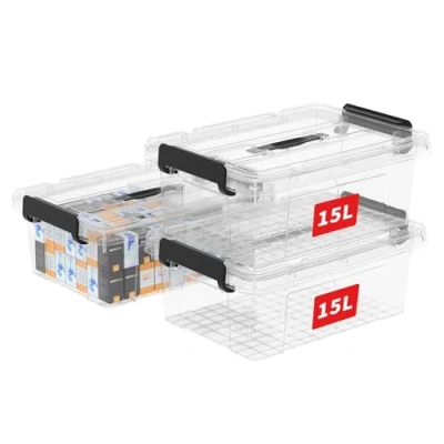 Immagine di Cetomo 15L*3 Scatola portaoggetti in plastica, Tote box,Contenitore organizzativo con coperchio resistente e fibbie a chiusura sicura, Impilabile inseribile, Confezione da 3, trasparente