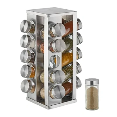 Immagine di Relaxdays Portaspezie Girevole con 20 Barattoli, Organizer Rotante a 360 Salvaspazio, in Acciaio, HxD 33x20 cm, Argento