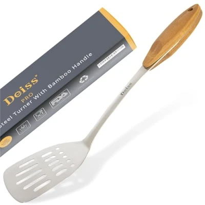 Immagine di Deiss PRO Spatola in acciaio inox con impugnatura legno paletta cucina per BBQ perfetta grigliare, scrostare e girare carne, uova strapazzate, hamburger pratica bambù