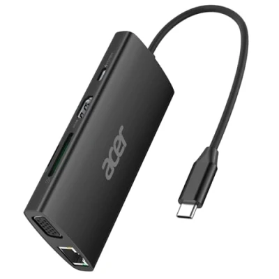 Immagine di Acer Hub USB C con HDMI 4K, Adattatore Ethernet 9 in 1, Docking Station a 3.1 5Gbps, Ricarica PD 100W, Lettore di Schede SD, VGA per MacBook, Acer, Laptop, Surface e Altro (Nero)
