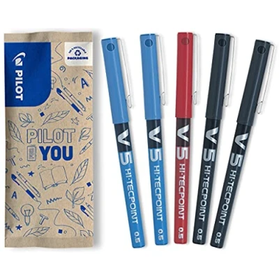 Immagine di PILOT Set di 5 V5 Penna roller con Inchiostro liquido a Punta Fine per una scrittura fluida e precisa Asciugatura rapida, non sanguina 2 Nero, Blu, Rosso (0,5mm)