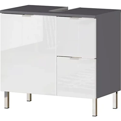 Immagine di GERMANIA DIE MÖBELMACHER GW Mauresa 8529 569 Mobile Base WB, Frontali Lucidi, Due cassetti, Pannello Superiore con Fessura per Il sifone, Grafite/Bianco, (L/H/P), 60 x 56 34 cm