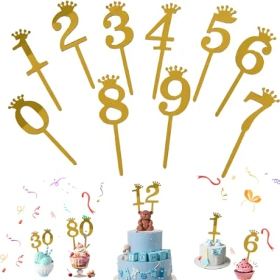 Immagine di 10 Pezzi Topper per Torta con Numeri da 0 a 9, Decorazioni Compleanno 1 2 3 4 5 6 7 8 9 Compleanni di Tutte le Età, Tavolo Nozze