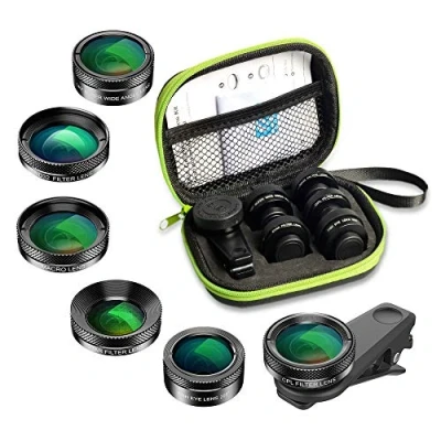 Immagine di APEXEL 6 in 1 Kit obiettivo fotocamera con fisheye 205 + grandangolo 140 e filtro macro 25x CPL/Star/ND Filter per iPhone Samsung la maggior parte degli smartphone