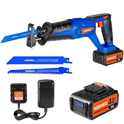 Immagine di Sega a Gattuccio Batteria, SORAKO 18V Universale, 4.0 Ah Batteria e Caricatore, Velocità Variabile 0 3000spm, per Legno, Taglio di Rami, Potatura, Metallo