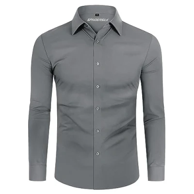Immagine di DEMEANOR Camicia da uomo elasticizzata, a maniche lunghe, per il tempo libero, slim fit, uomo, lavoro, non necessita di stiratura, argento, L