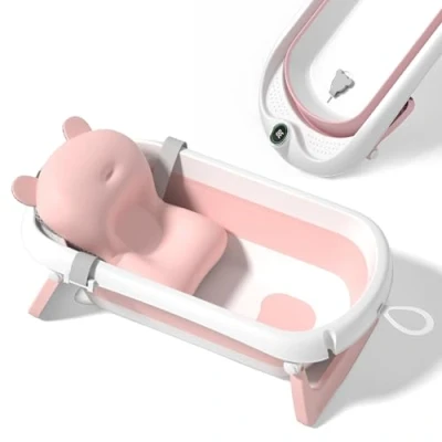 Immagine di Bagnetto per bambini pieghevole con cuscino da bagno/Vaschetta bagno neonato XL termometro il controllo della temperatura dell&#039;acqua/Dalla nascita ai 2 anni / 5 palline di plastica