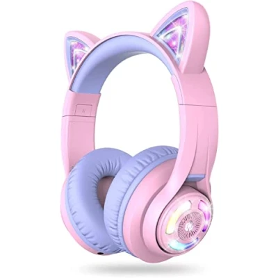 Immagine di iClever Cuffie Bluetooth per Bambini, BTH13 Cat Ear LED Wireless Bambini con Mic, 50 Ore di Riproduzione, 74/85/94dB Limitazione del Volume