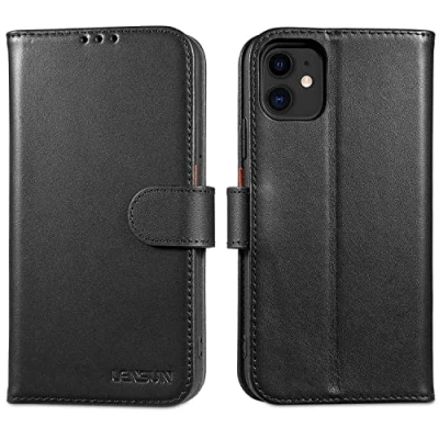 Immagine di Lensun Cover per iPhone 11, Custodia in Vera Pelle [RFID Blocking] Libro con Portafoglio Chiusura Magnetico Supporto Slot Schede Flip Custodie Cuoio 11 Nero