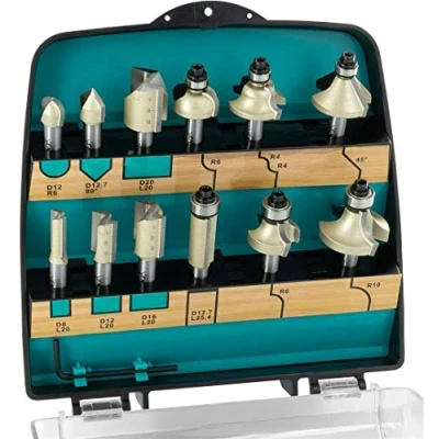 Immagine di ENT 09012PLUS Set di 12 Frese per Legno in Metallo Duro con Valigetta Plastica Infrangibile Fresa Codolo da 8 mm Scanalatura Taglienti