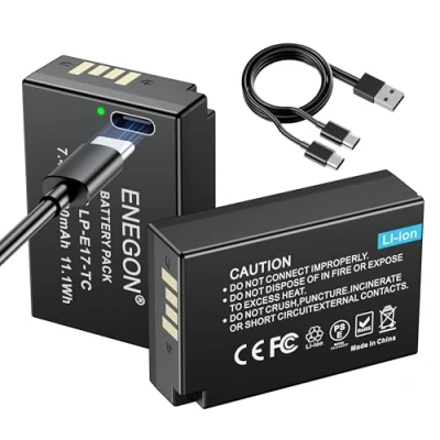 Immagine di ENEGON LP E17 Batterie a ricarica diretta tipo C 1500mAh (2 Pezzi) per Canon Rebel SL2,T6i,T6s,T7i, EOS R10, R8, RP, R50,R100, M3,M5,M6, 200D,250D, 77D, 750D, 760D, 800D, 8000D, KISS X8i
