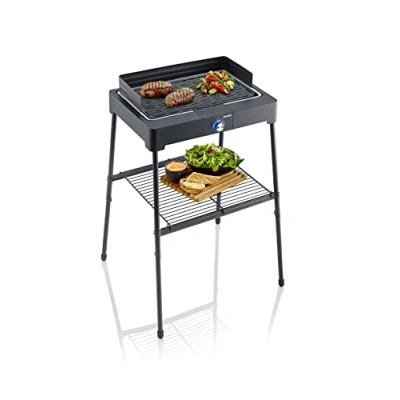 Immagine di SEVERIN PG 8568 Barbecue elettrico 2200W in alluminio pressofuso con stand mensola, Grill piastra scanalata, Griglia da tavolo per interni ed esterni, Nero