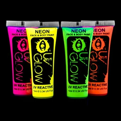 Immagine di UV Glow 10ml Vernice Fluorescente Pelle Viso Corpo Colore Neon Fluo (10ml x4)