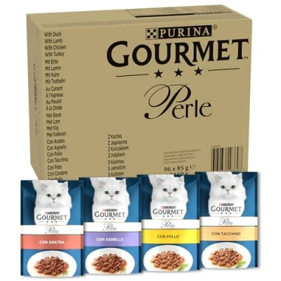 Immagine di Purina Gourmet Perle Filettini in Salsa Cibo Umido per Gatti con Anatra, Agnello, Pollo, Tacchino, 96 buste da 85g