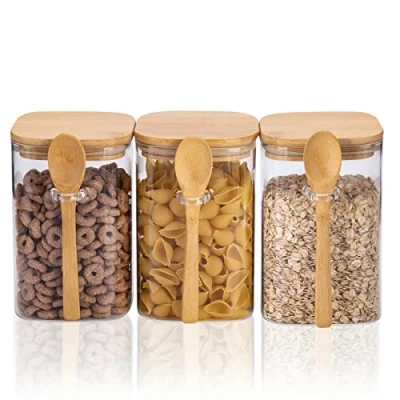 Immagine di BAZIOE Barattoli Vetro Quadrati 1200ML Φ10cm di Ermetici con Coperchio e Cucchiaio Senza BPA per Stoccaggio Cucina (1,2L, Set 3)