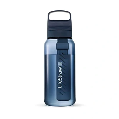 Immagine di LifeStraw Go Series Borraccia isolata in acciaio inox con filtro acqua per viaggi e uso quotidiano. Rimuove batteri, parassiti microplastiche, migliora il sapore, 1l, Aegean Sea (blu)