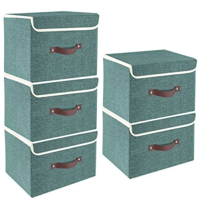 Immagine di TYEERS Scatole Portaoggetti Tessuto, Lavabile, con Coperchio Pieghevole, 38x25x25 cm, Set di 5, Aqua Deep