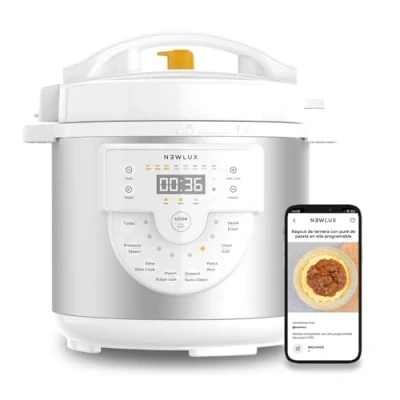 Immagine di Newcook Pentola Programmabile Delicious Bianca, Elettrica con Voce, 15 Funzioni, 1000W, Capacità 6 l, 4 Livelli di Pressione e Vasca in Ceramica. Include Accessorio per Friggere