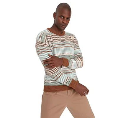 Immagine di Trendyol Girocollo Colorblock Regular Maglione Maglia di Tuta, Cammello, XL Uomo