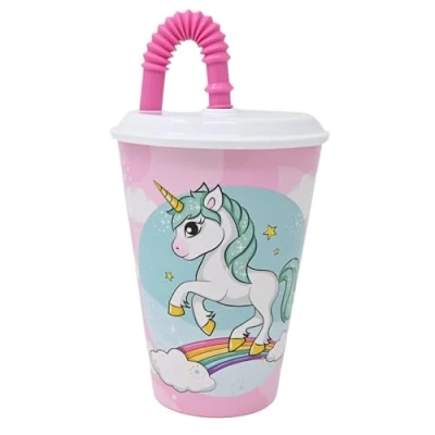 Immagine di damaloo Unicorn Tazza per bambini con coperchio e cannuccia, riutilizzabile, 0,4 l, cannuccia bambini, senza BPA,