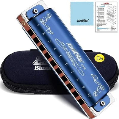 Immagine di East Top 10 fori 20 toni 008K armonica diatonica Key of Db con custodia blu, standard per adulti, musicisti professionisti e studenti